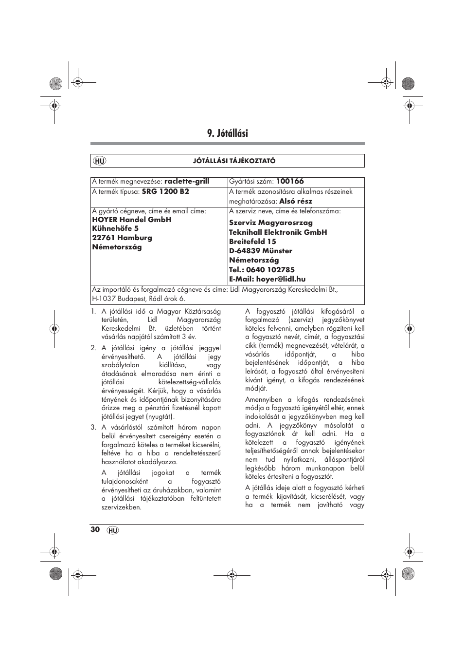 Jótállási | Silvercrest SRG 1200 B2 User Manual | Page 32 / 74