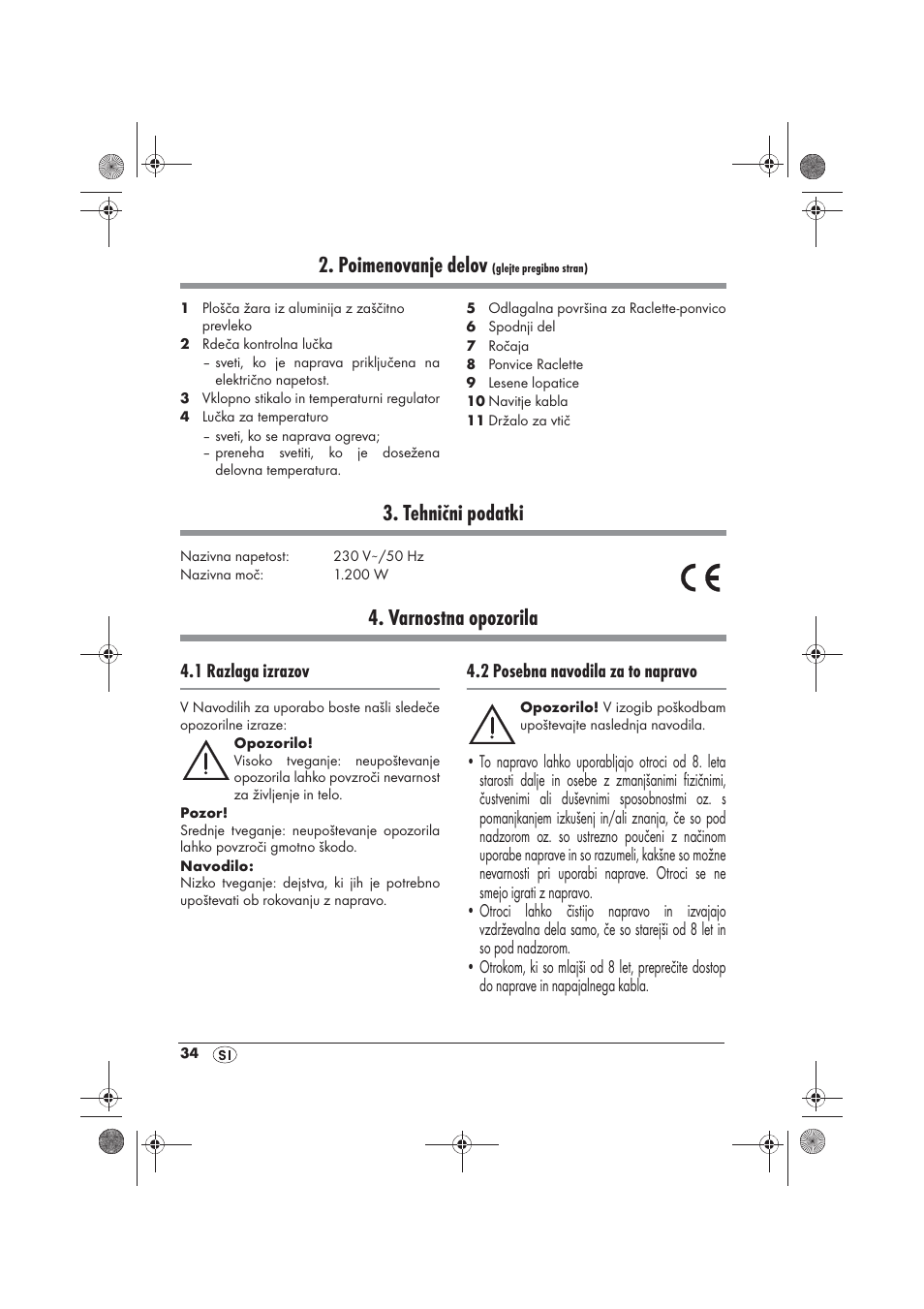 Poimenovanje delov, Tehnični podatki, Varnostna opozorila | 1 razlaga izrazov, 2 posebna navodila za to napravo | Silvercrest SRG 1200 B2 User Manual | Page 36 / 74