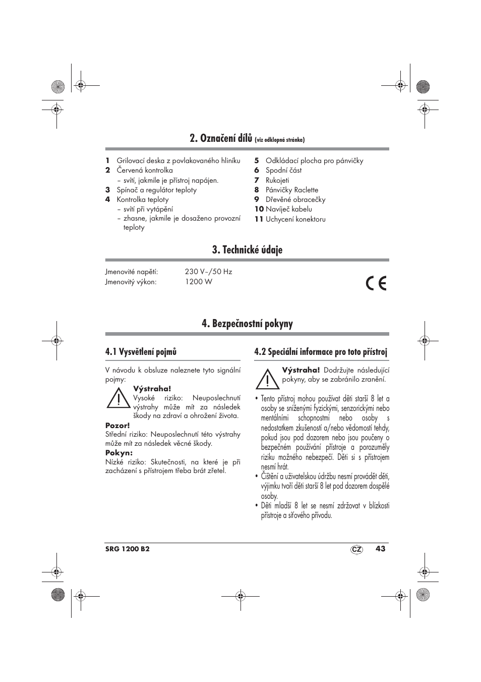 Označení dílů, Technické údaje, Bezpečnostní pokyny | 1 vysvětlení pojmů, 2 speciální informace pro toto přístroj | Silvercrest SRG 1200 B2 User Manual | Page 45 / 74