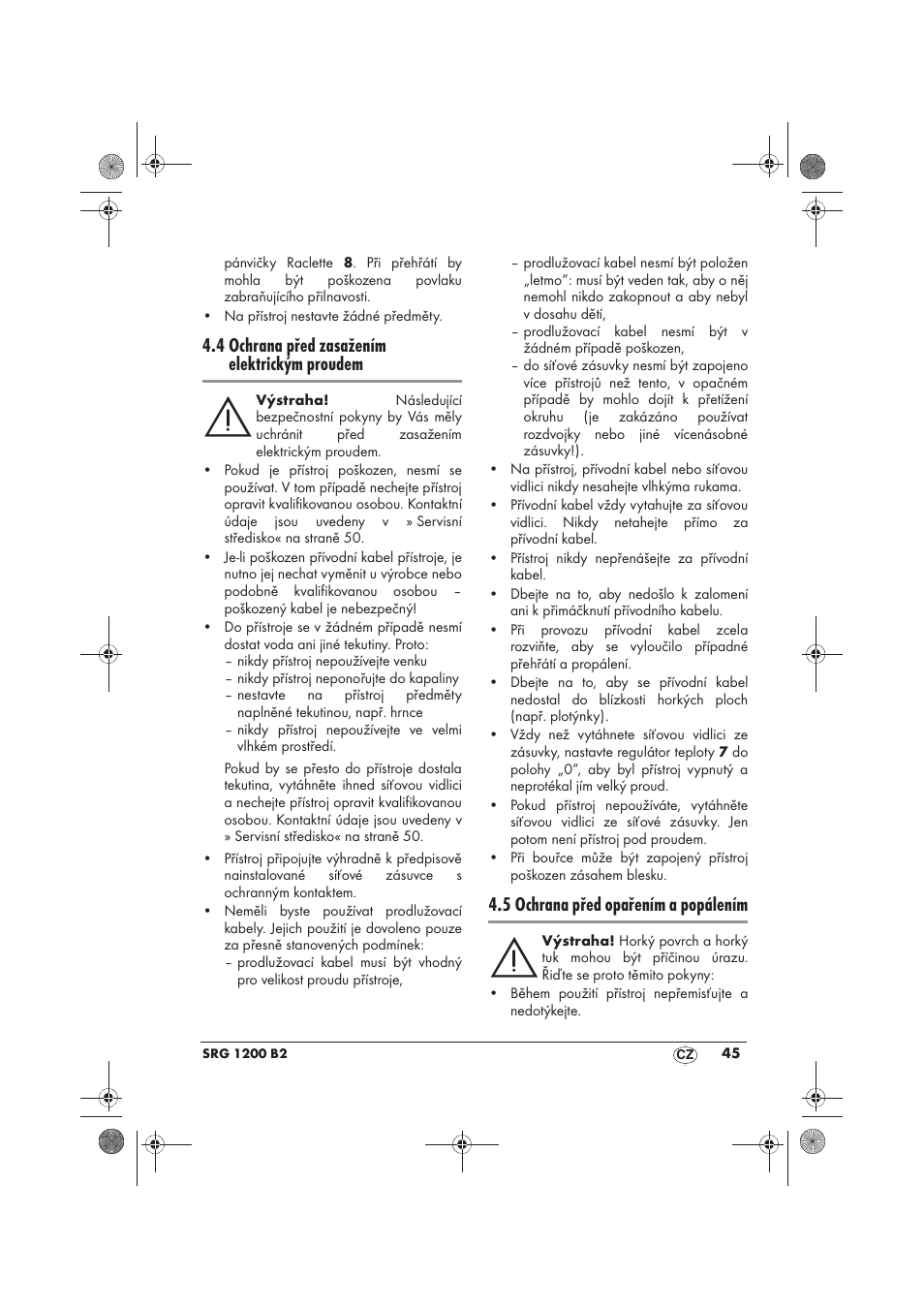 4 ochrana před zasažením elektrickým proudem, 5 ochrana před opařením a popálením | Silvercrest SRG 1200 B2 User Manual | Page 47 / 74