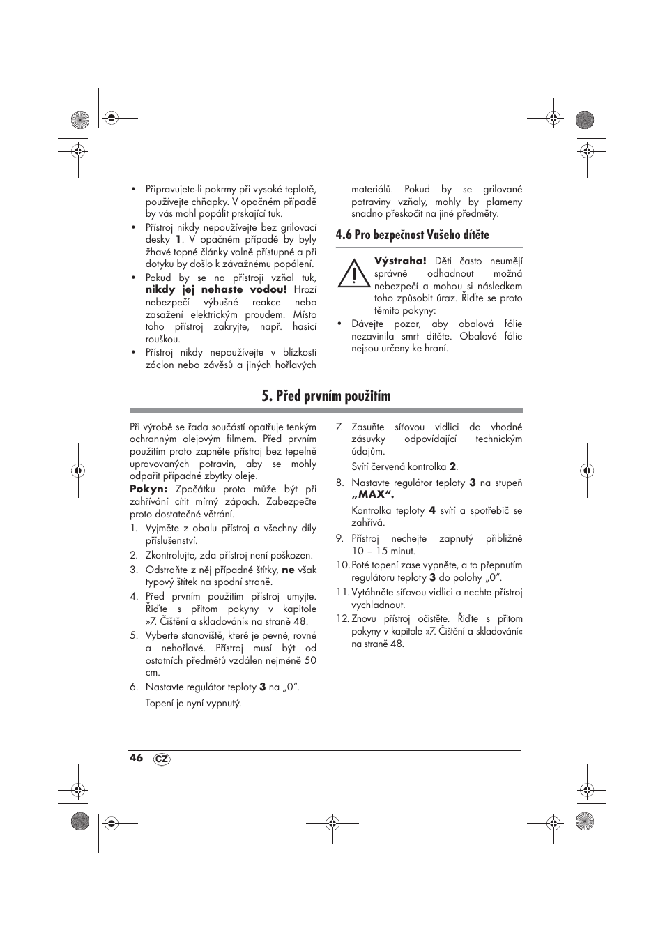 Před prvním použitím, 6 pro bezpečnost vašeho dítěte | Silvercrest SRG 1200 B2 User Manual | Page 48 / 74
