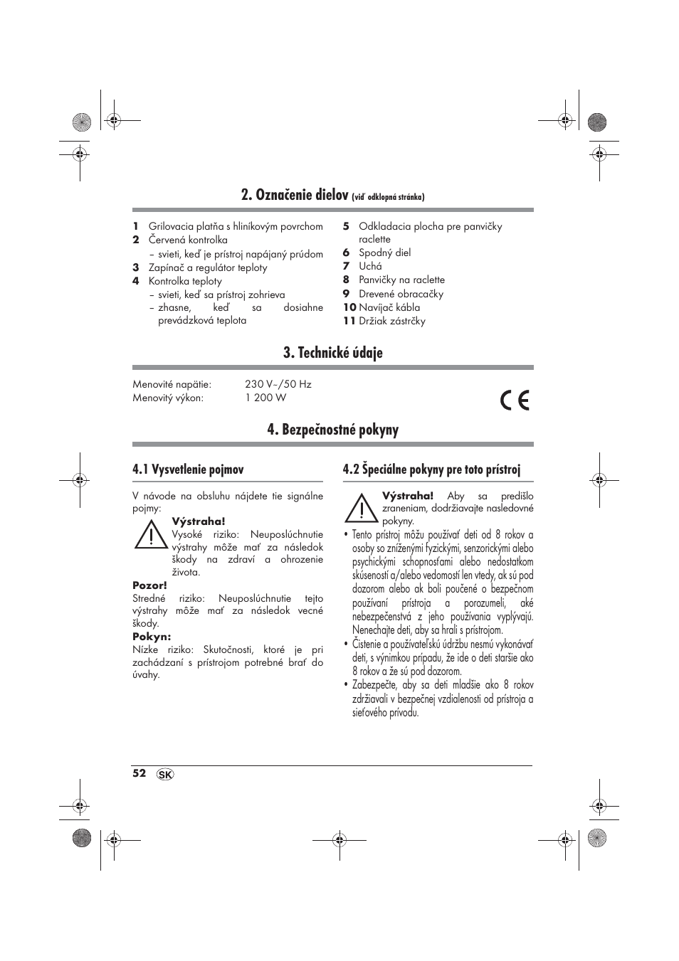 Označenie dielov, Technické údaje, Bezpečnostné pokyny | Silvercrest SRG 1200 B2 User Manual | Page 54 / 74