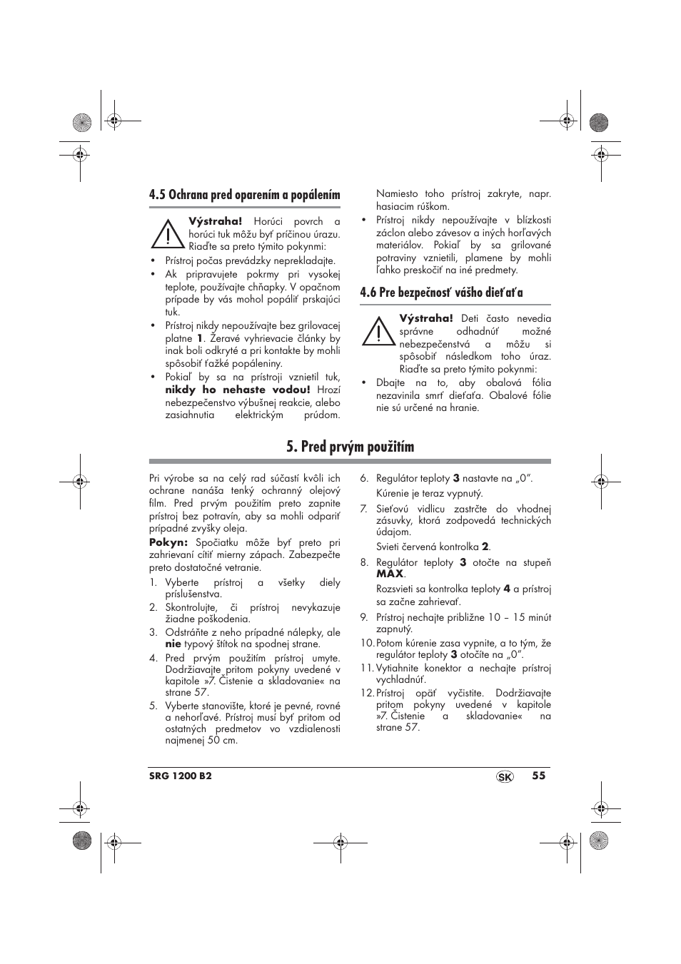 Pred prvým použitím, 5 ochrana pred oparením a popálením, 6 pre bezpečnosť vášho dieťaťa | Silvercrest SRG 1200 B2 User Manual | Page 57 / 74