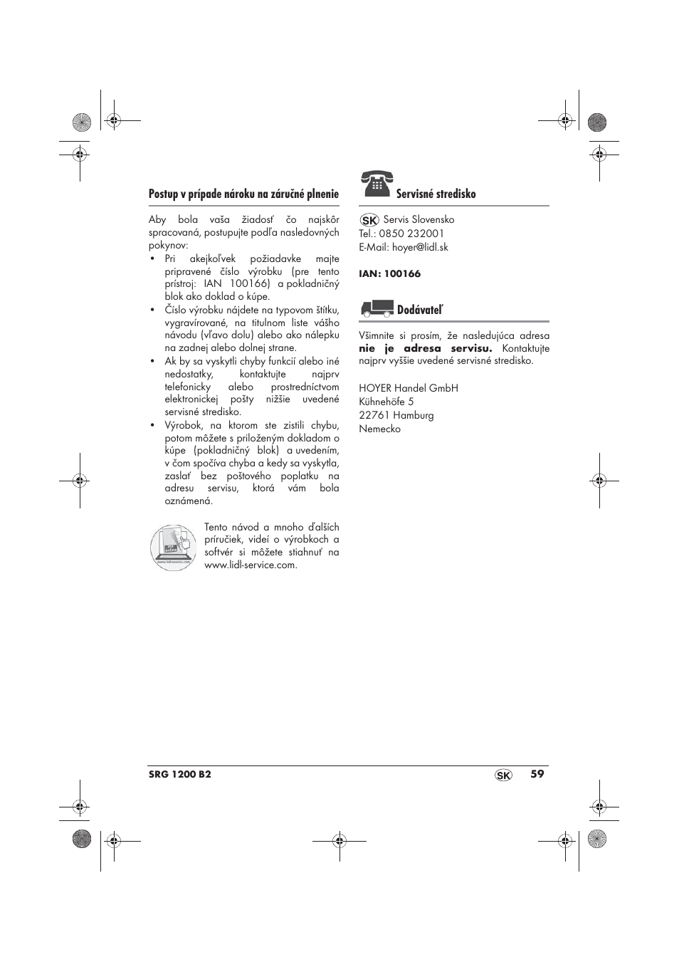 Postup v prípade nároku na záručné plnenie, Servisné stredisko, Dodávateľ | Silvercrest SRG 1200 B2 User Manual | Page 61 / 74