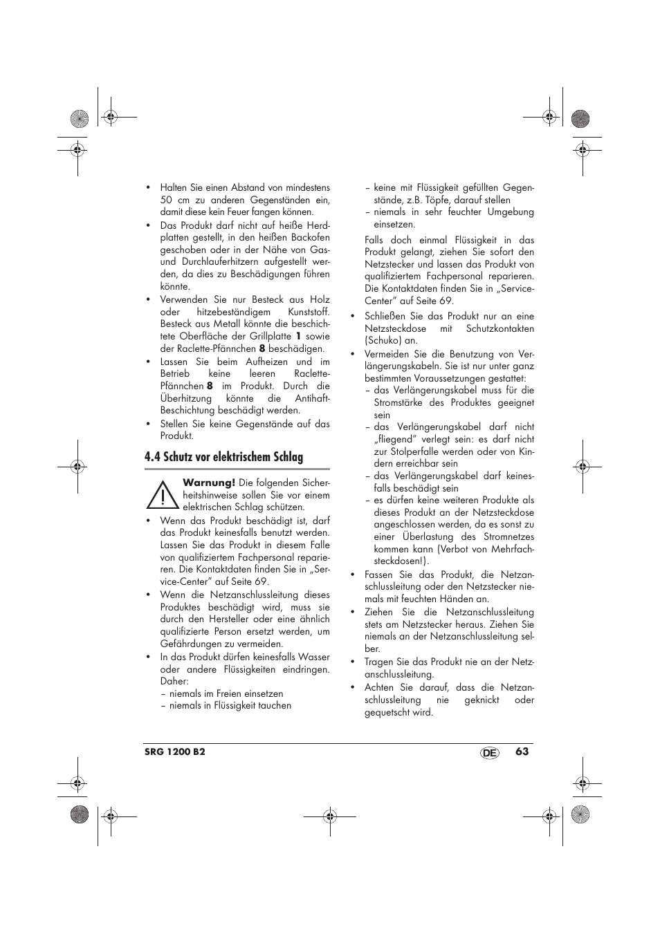 4 schutz vor elektrischem schlag | Silvercrest SRG 1200 B2 User Manual | Page 65 / 74