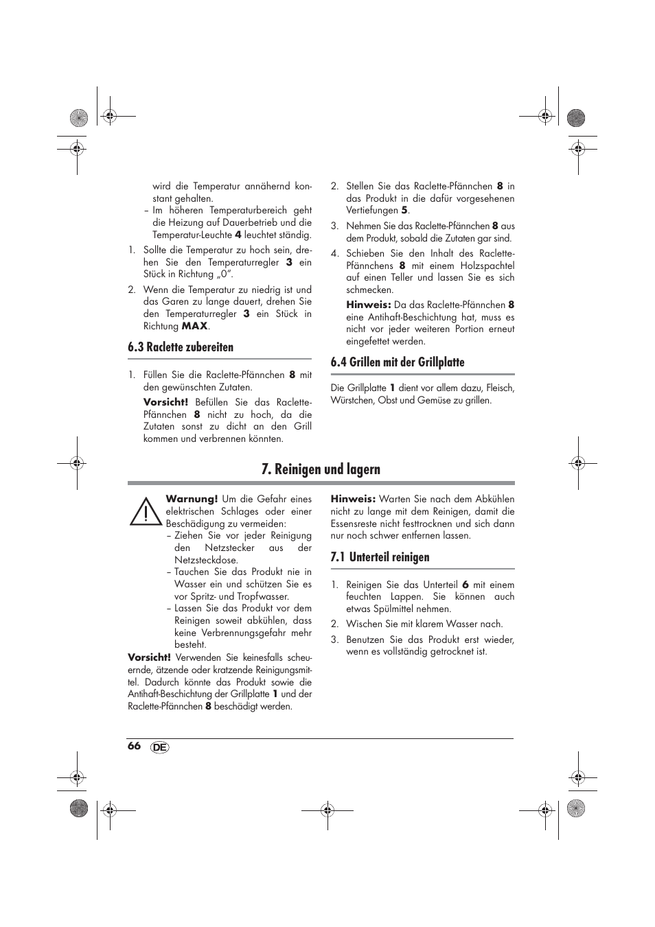 Reinigen und lagern, 3 raclette zubereiten, 4 grillen mit der grillplatte | 1 unterteil reinigen | Silvercrest SRG 1200 B2 User Manual | Page 68 / 74