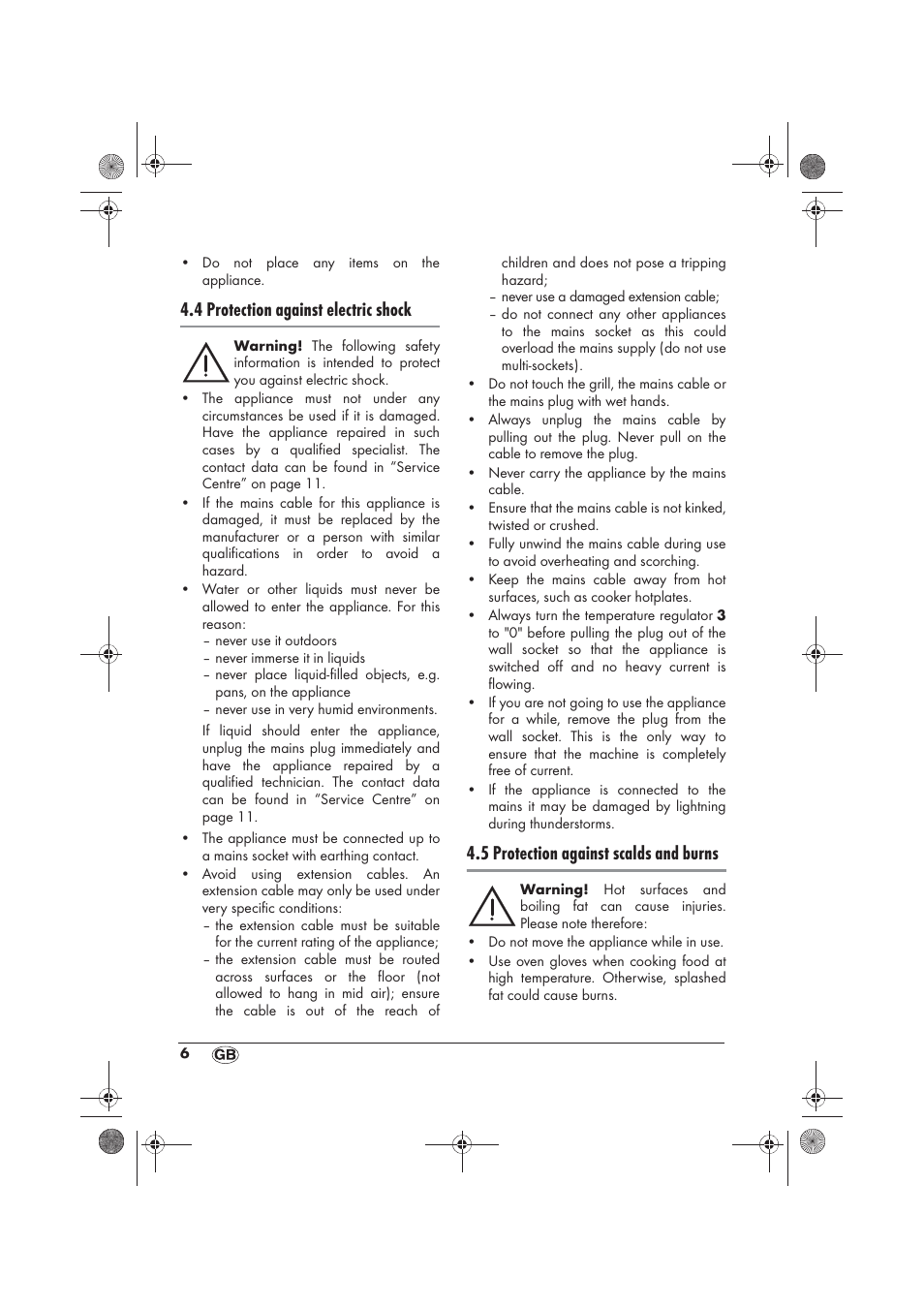 4 protection against electric shock, 5 protection against scalds and burns | Silvercrest SRG 1200 B2 User Manual | Page 8 / 74