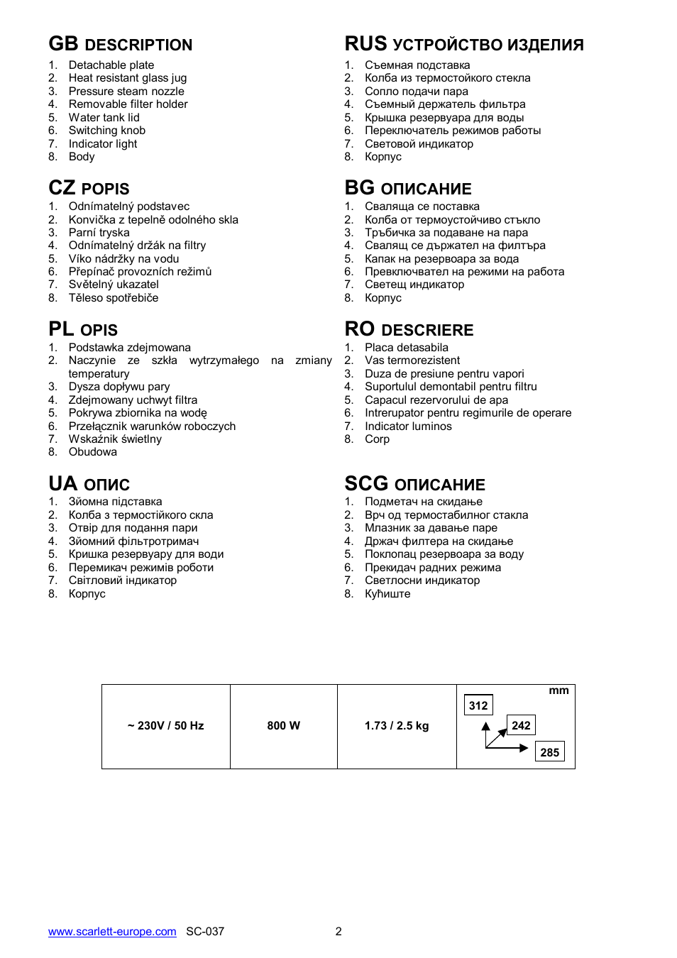 Ua scg | Scarlett SC-037 User Manual | Page 2 / 21