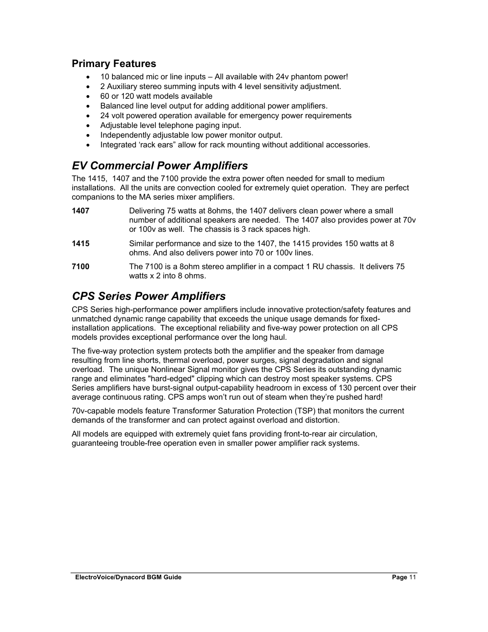 Primary features, Ev commercial power amplifiers, Cps series power amplifiers | Dynacord Stereo System User Manual | Page 11 / 39