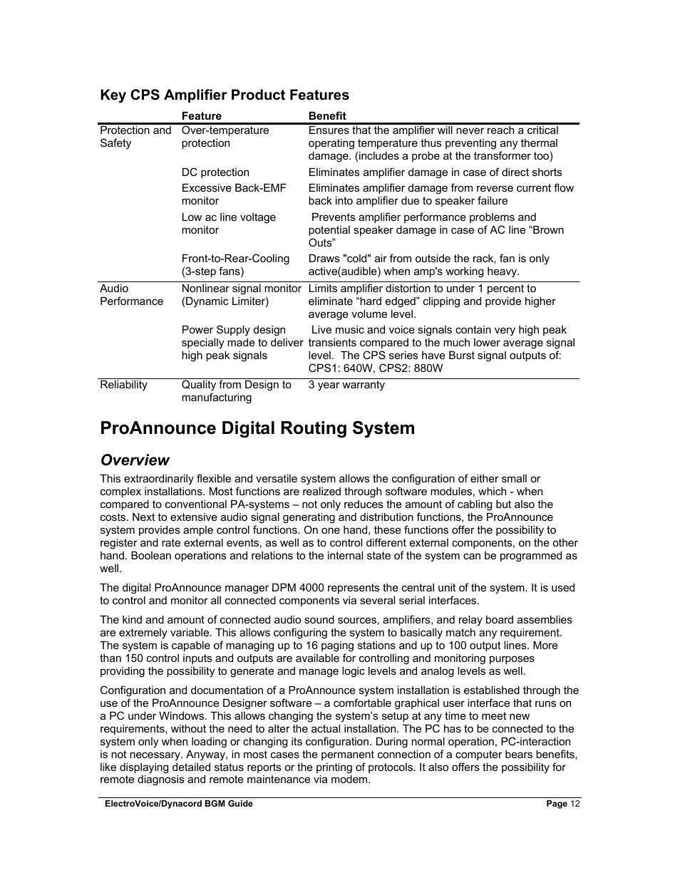 Key cps amplifier product features, Proannounce digital routing system, Overview | Dynacord Stereo System User Manual | Page 12 / 39