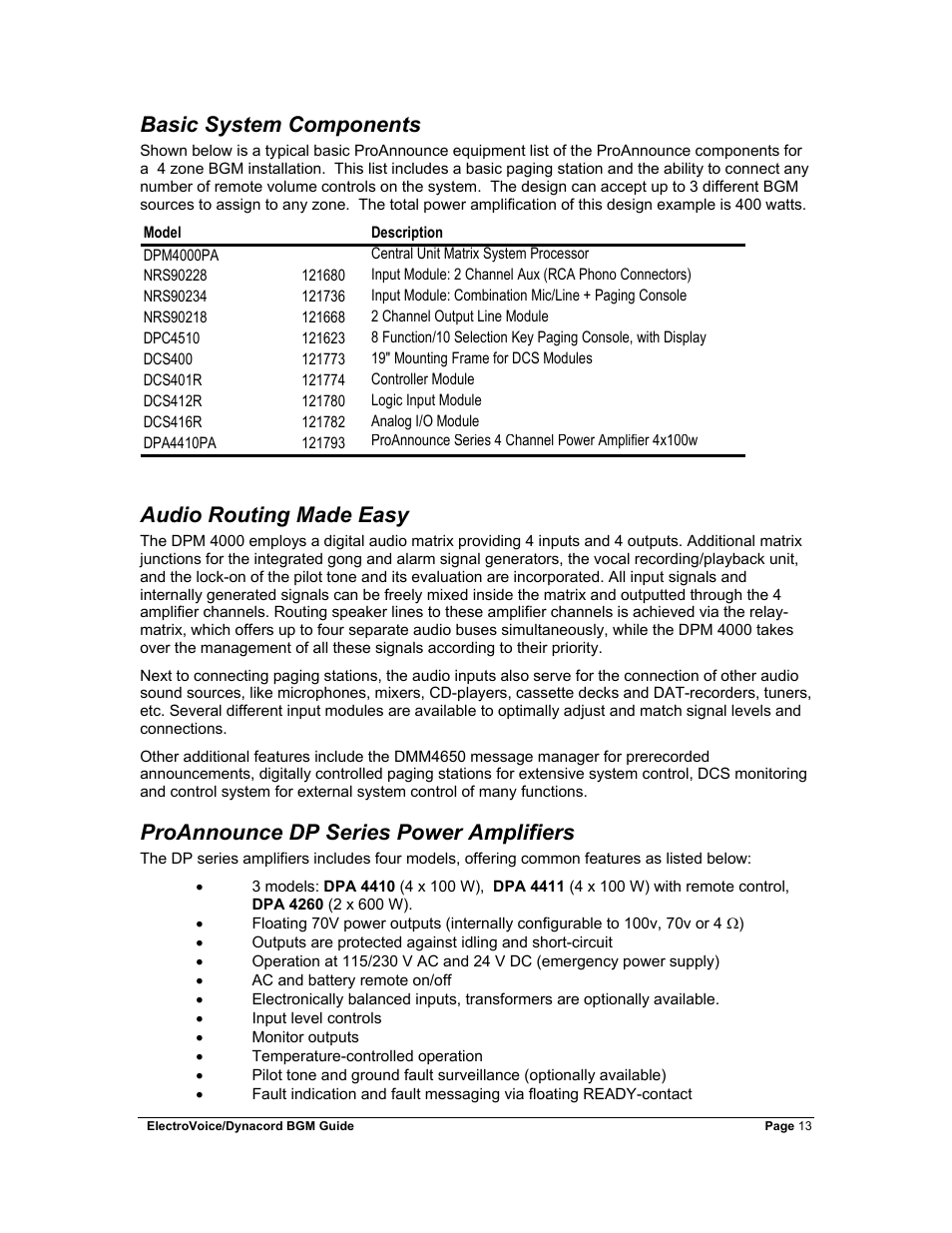 Basic system components, Audio routing made easy, Proannounce dp series power amplifiers | Dynacord Stereo System User Manual | Page 13 / 39