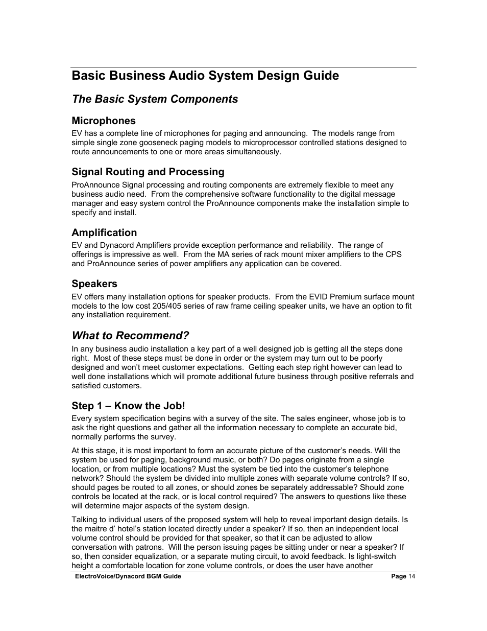 Basic business audio system design guide, The basic system components, Microphones | Signal routing and processing, Amplification, Speakers, What to recommend, Step 1 – know the job | Dynacord Stereo System User Manual | Page 14 / 39