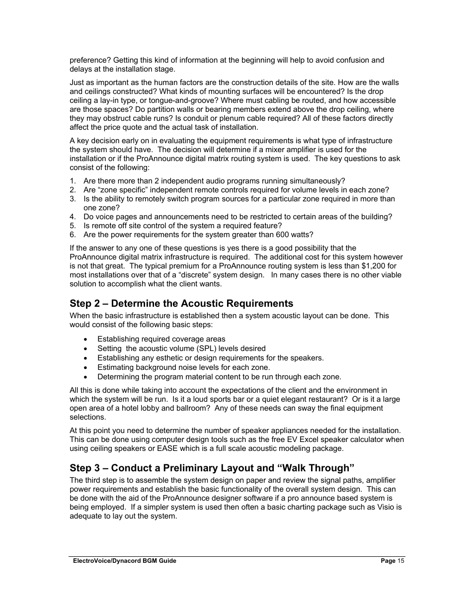 Step 2 – determine the acoustic requirements, Step 3 – conduct a preliminary layout and “walk t | Dynacord Stereo System User Manual | Page 15 / 39