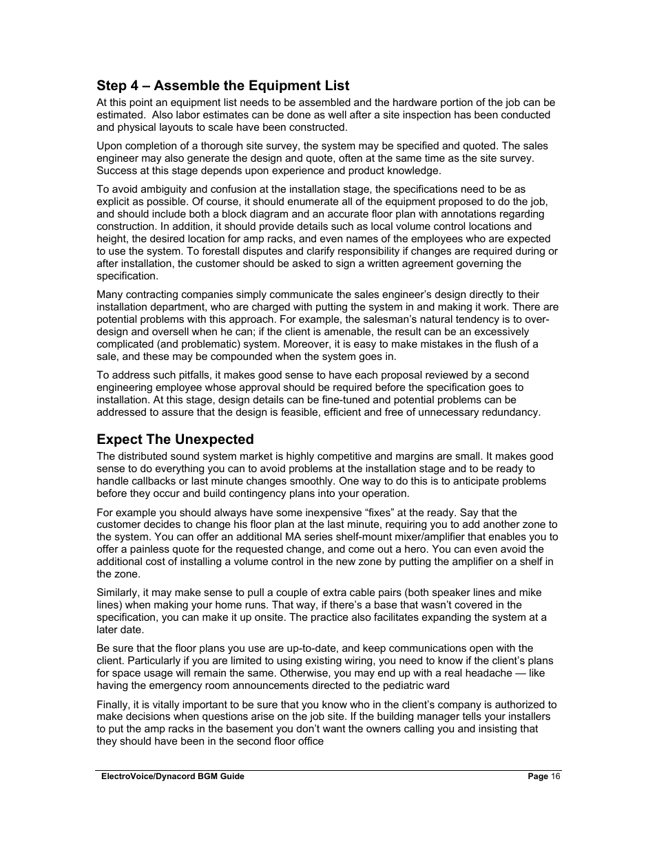 Step 4 – assemble the equipment list, Expect the unexpected | Dynacord Stereo System User Manual | Page 16 / 39