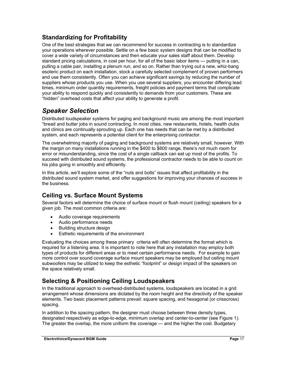 Standardizing for profitability, Speaker selection, Ceiling vs. surface mount systems | Selecting & positioning ceiling loudspeakers | Dynacord Stereo System User Manual | Page 17 / 39