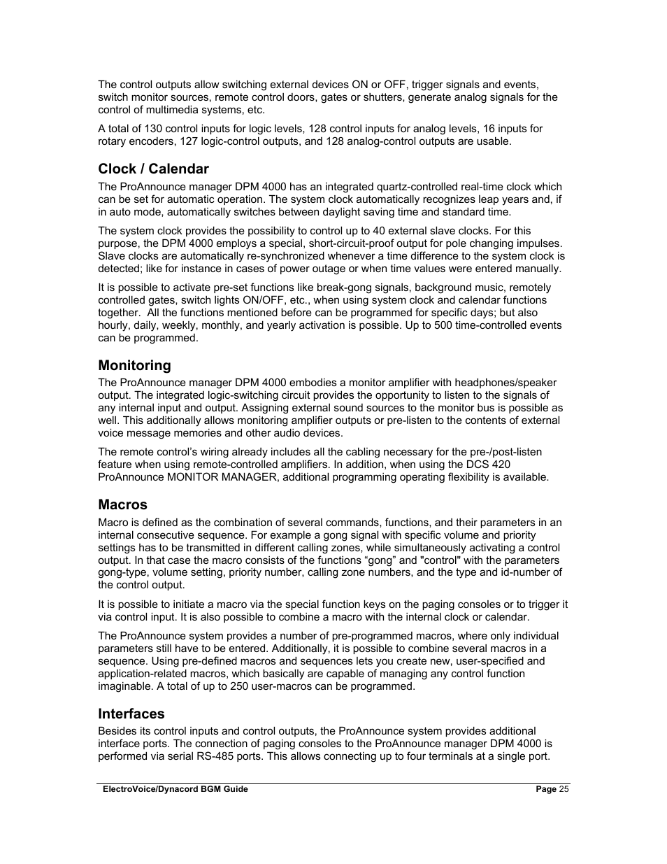 Clock / calendar, Monitoring, Macros | Interfaces | Dynacord Stereo System User Manual | Page 25 / 39