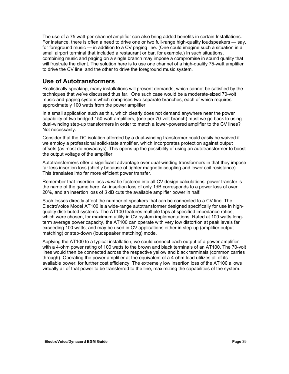 Use of autotransformers | Dynacord Stereo System User Manual | Page 39 / 39