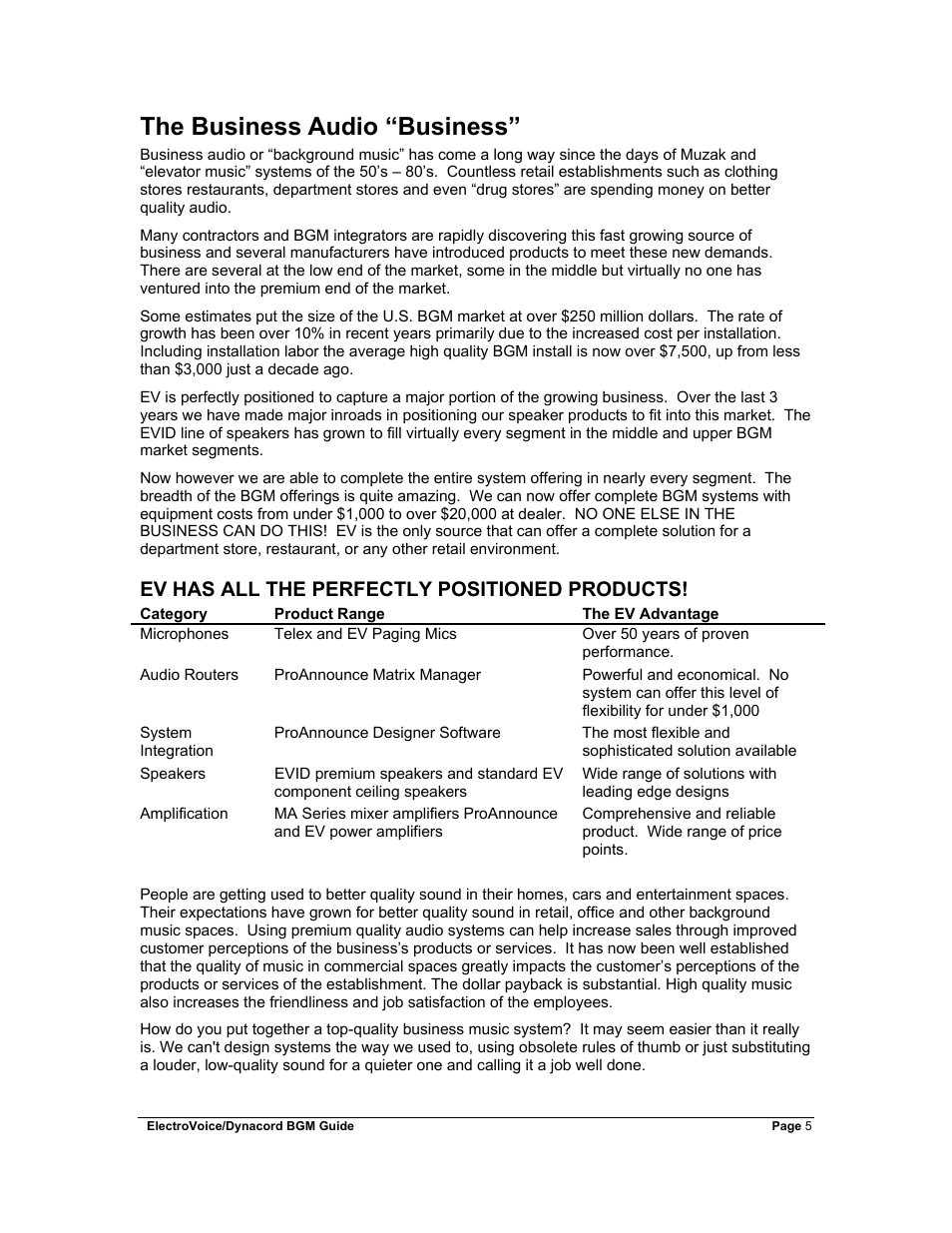 Ev has all the perfectly positioned products, The business audio “business | Dynacord Stereo System User Manual | Page 5 / 39