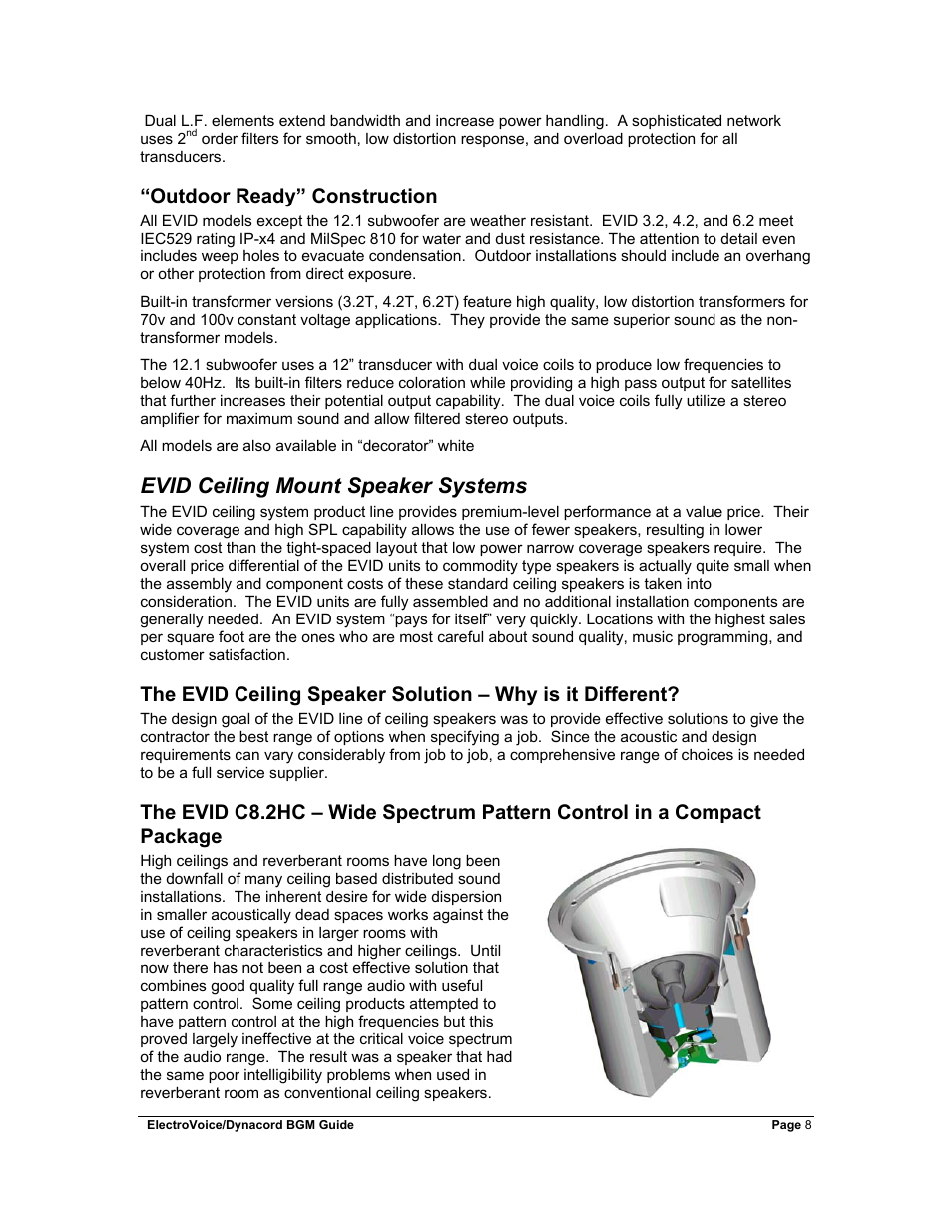 Outdoor ready” construction, Evid ceiling mount speaker systems, The evid ceiling speaker solution – why is it dif | The evid c8.2hc – wide spectrum pattern control i | Dynacord Stereo System User Manual | Page 8 / 39