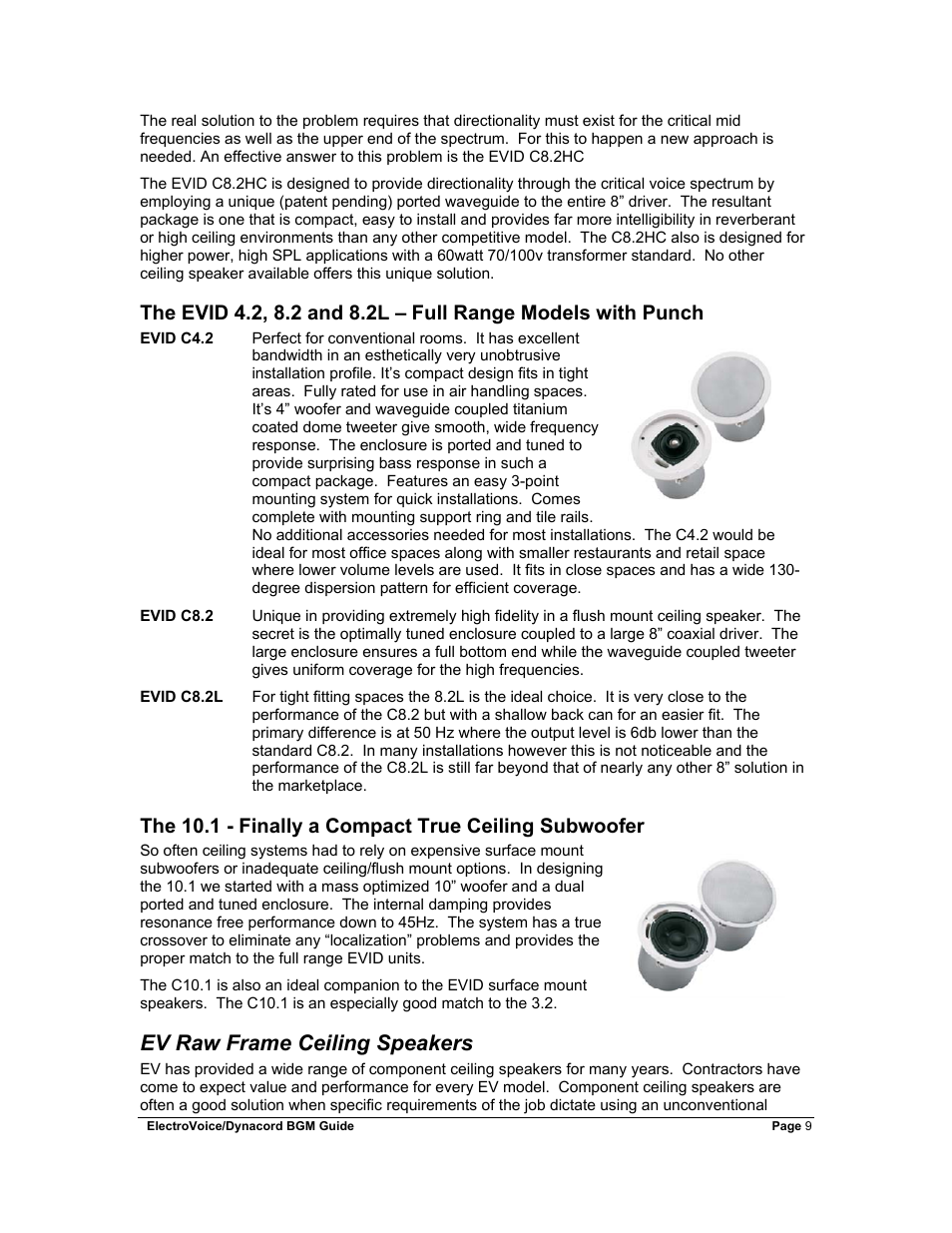 The evid 4.2, 8.2 and 8.2l – full range models wi, Ev raw frame ceiling speakers | Dynacord Stereo System User Manual | Page 9 / 39