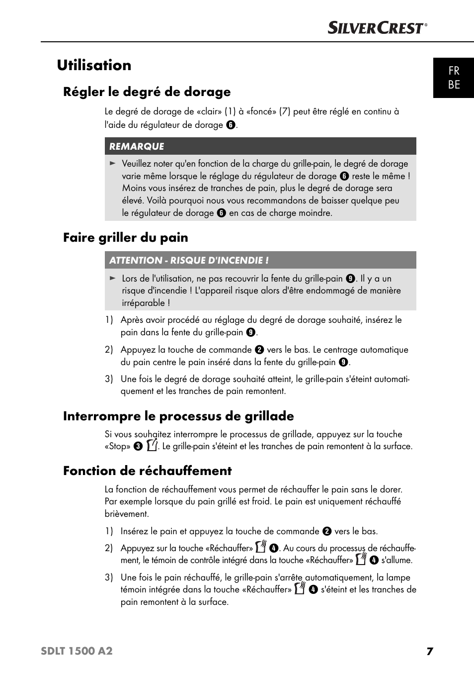 Utilisation, Régler le degré de dorage, Faire griller du pain | Interrompre le processus de grillade, Fonction de réchauﬀ ement, Fr be | Silvercrest SDLT 1500 A2 User Manual | Page 10 / 39