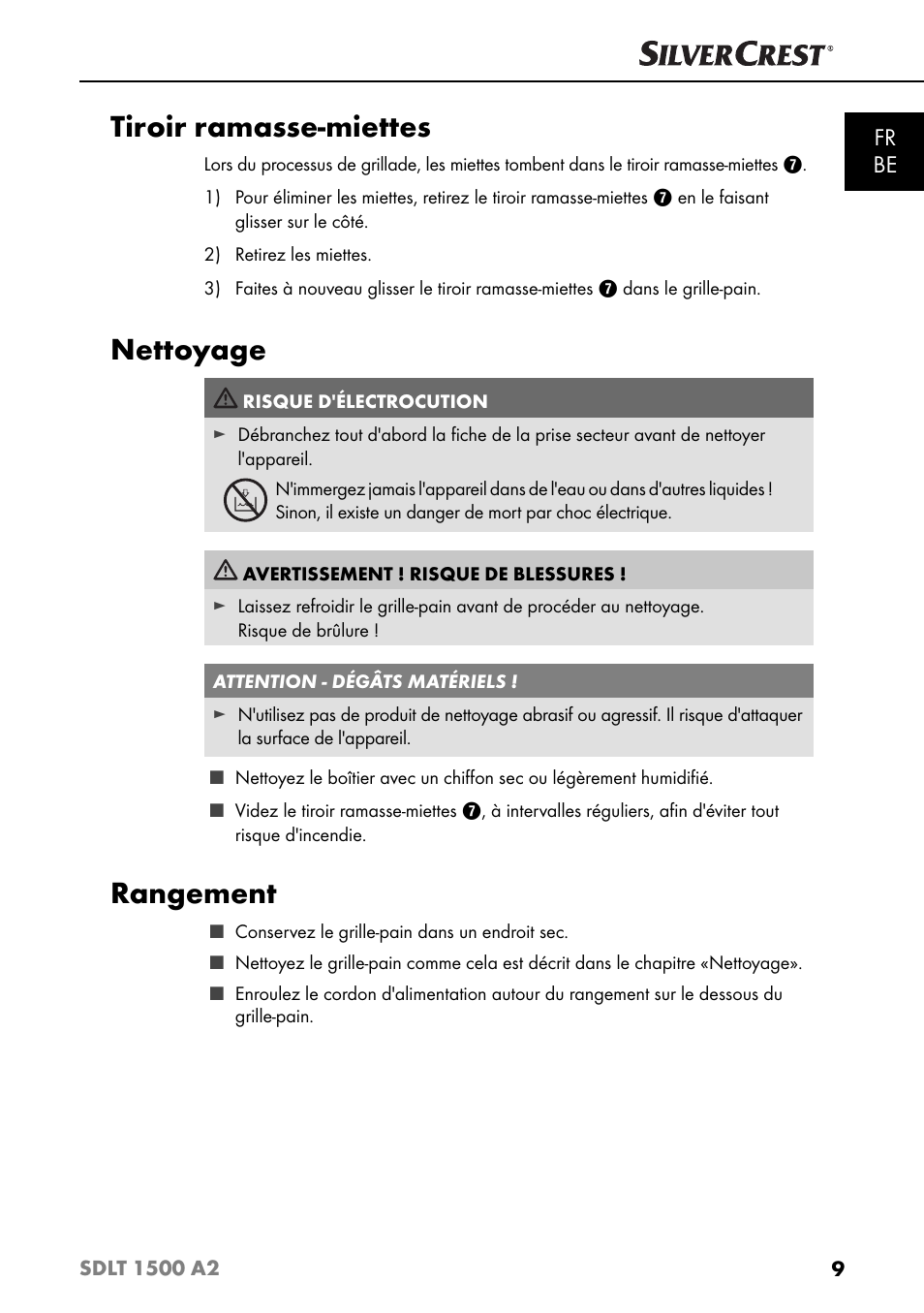 Tiroir ramasse-miettes, Nettoyage, Rangement | Fr be | Silvercrest SDLT 1500 A2 User Manual | Page 12 / 39