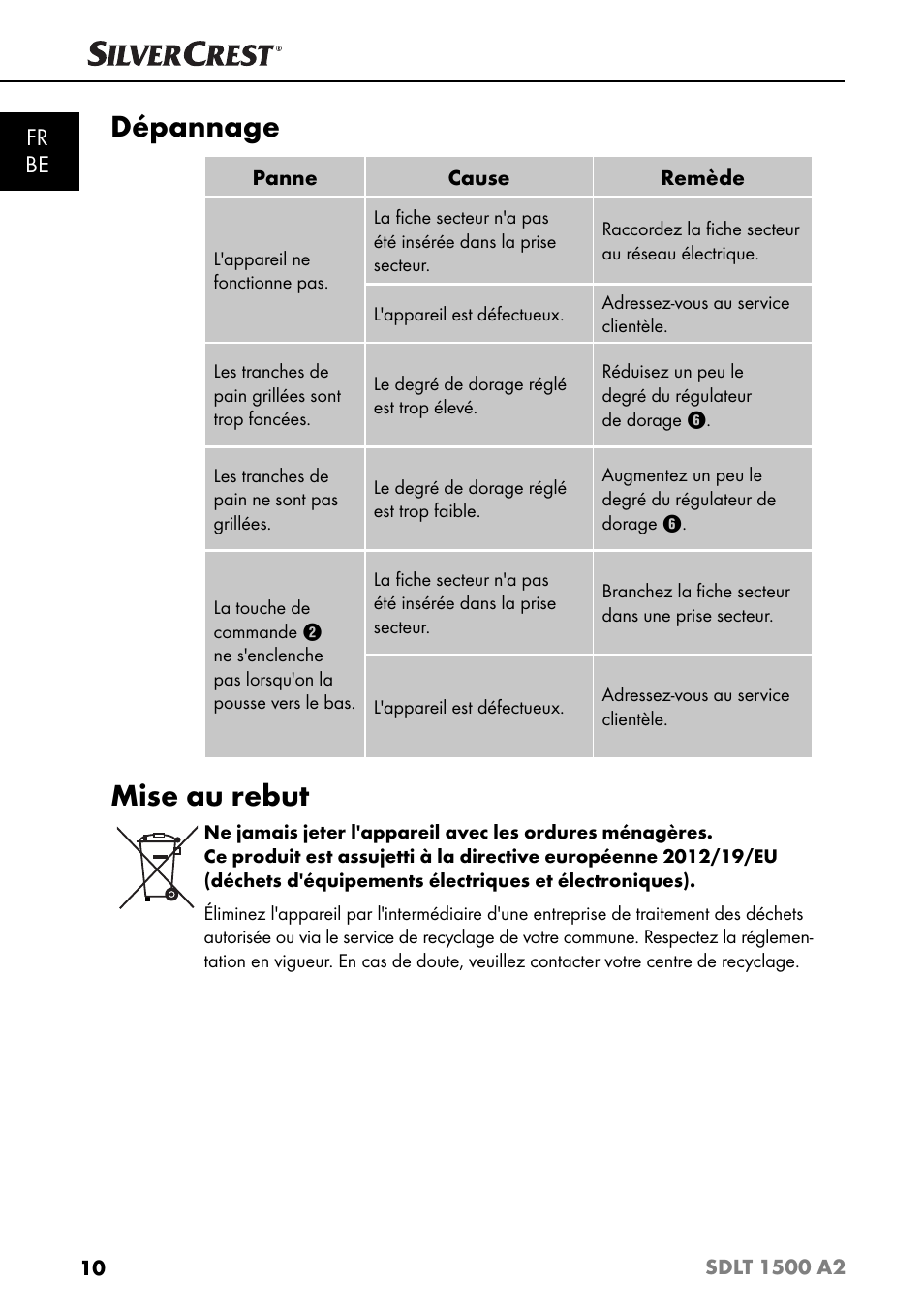 Dépannage, Mise au rebut, Fr be | Silvercrest SDLT 1500 A2 User Manual | Page 13 / 39