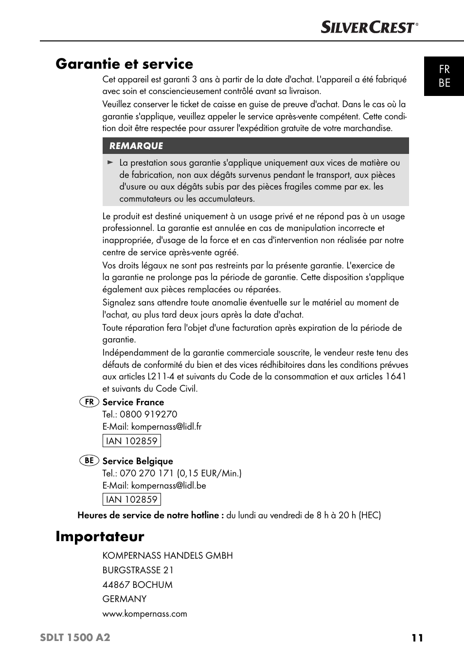 Garantie et service, Importateur, Fr be | Silvercrest SDLT 1500 A2 User Manual | Page 14 / 39