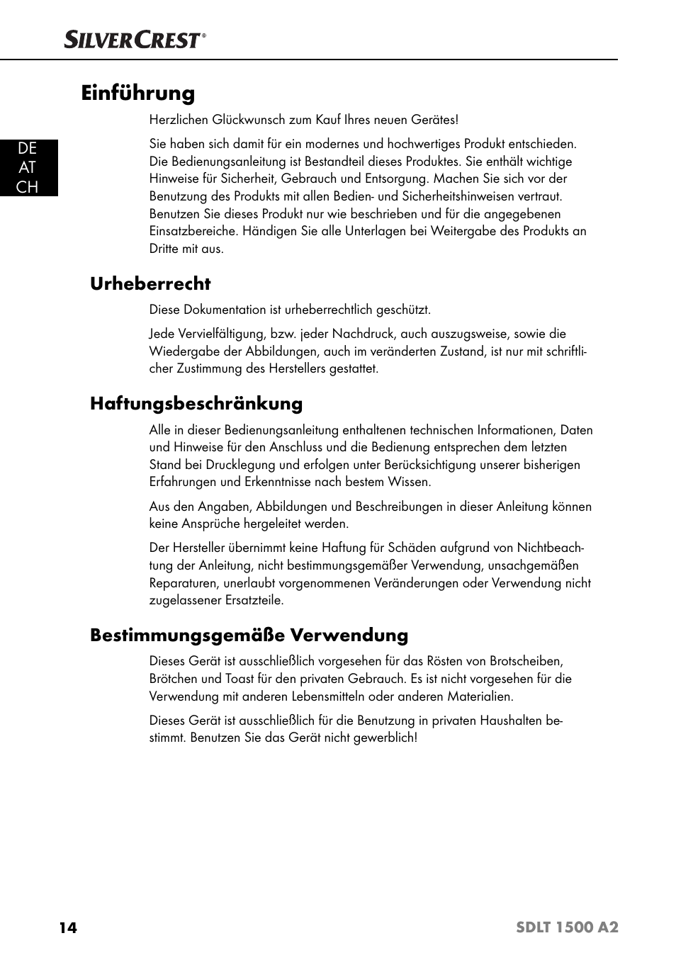 Einführung, Urheberrecht, Haftungsbeschränkung | Bestimmungsgemäße verwendung | Silvercrest SDLT 1500 A2 User Manual | Page 17 / 39