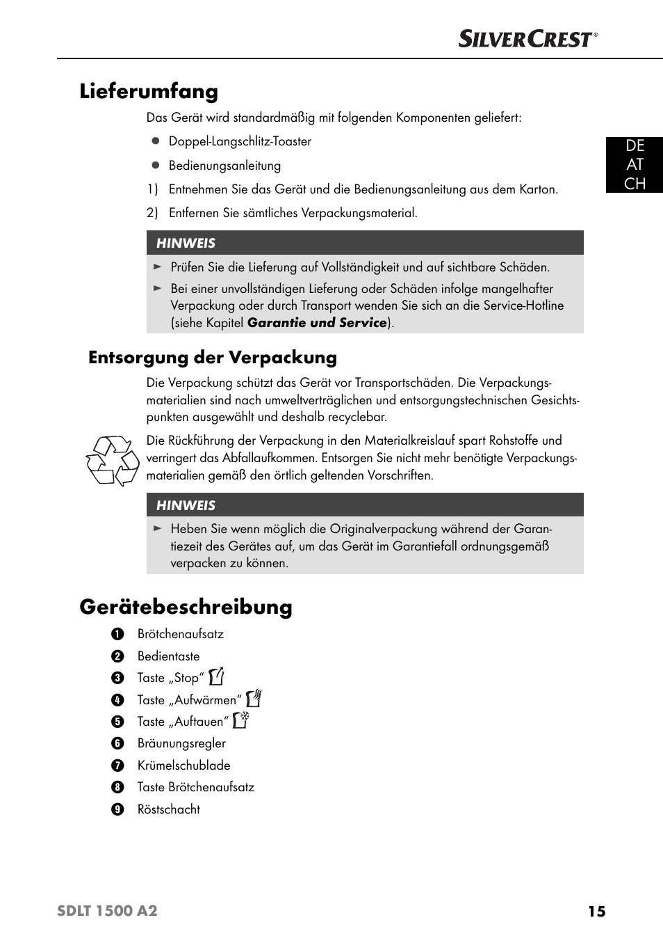 Lieferumfang, Gerätebeschreibung, Entsorgung der verpackung | De at ch | Silvercrest SDLT 1500 A2 User Manual | Page 18 / 39