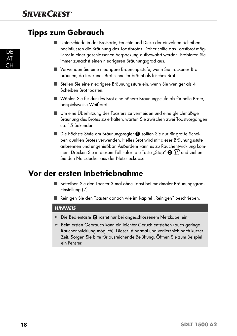 Tipps zum gebrauch, Vor der ersten inbetriebnahme, De at ch | Silvercrest SDLT 1500 A2 User Manual | Page 21 / 39