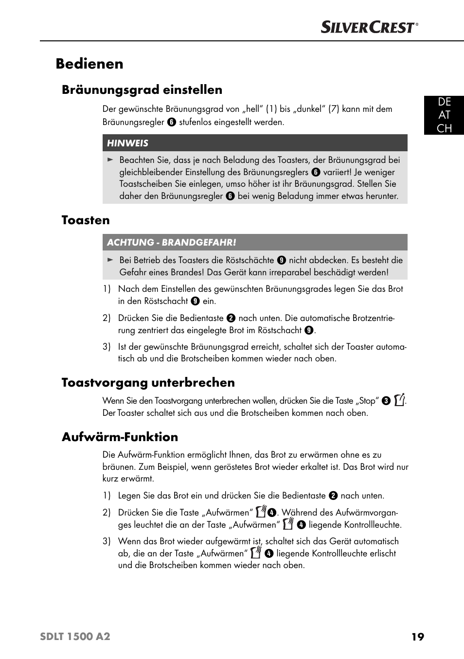 Bedienen, Bräunungsgrad einstellen, Toasten | Toastvorgang unterbrechen, Aufwärm-funktion, De at ch | Silvercrest SDLT 1500 A2 User Manual | Page 22 / 39