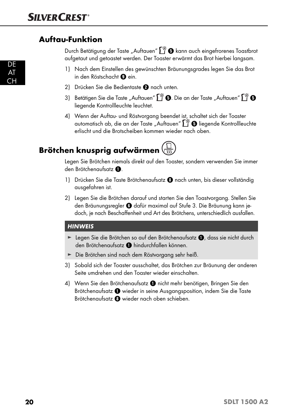 Auftau-funktion, Brötchen knusprig aufwärmen, De at ch | Silvercrest SDLT 1500 A2 User Manual | Page 23 / 39