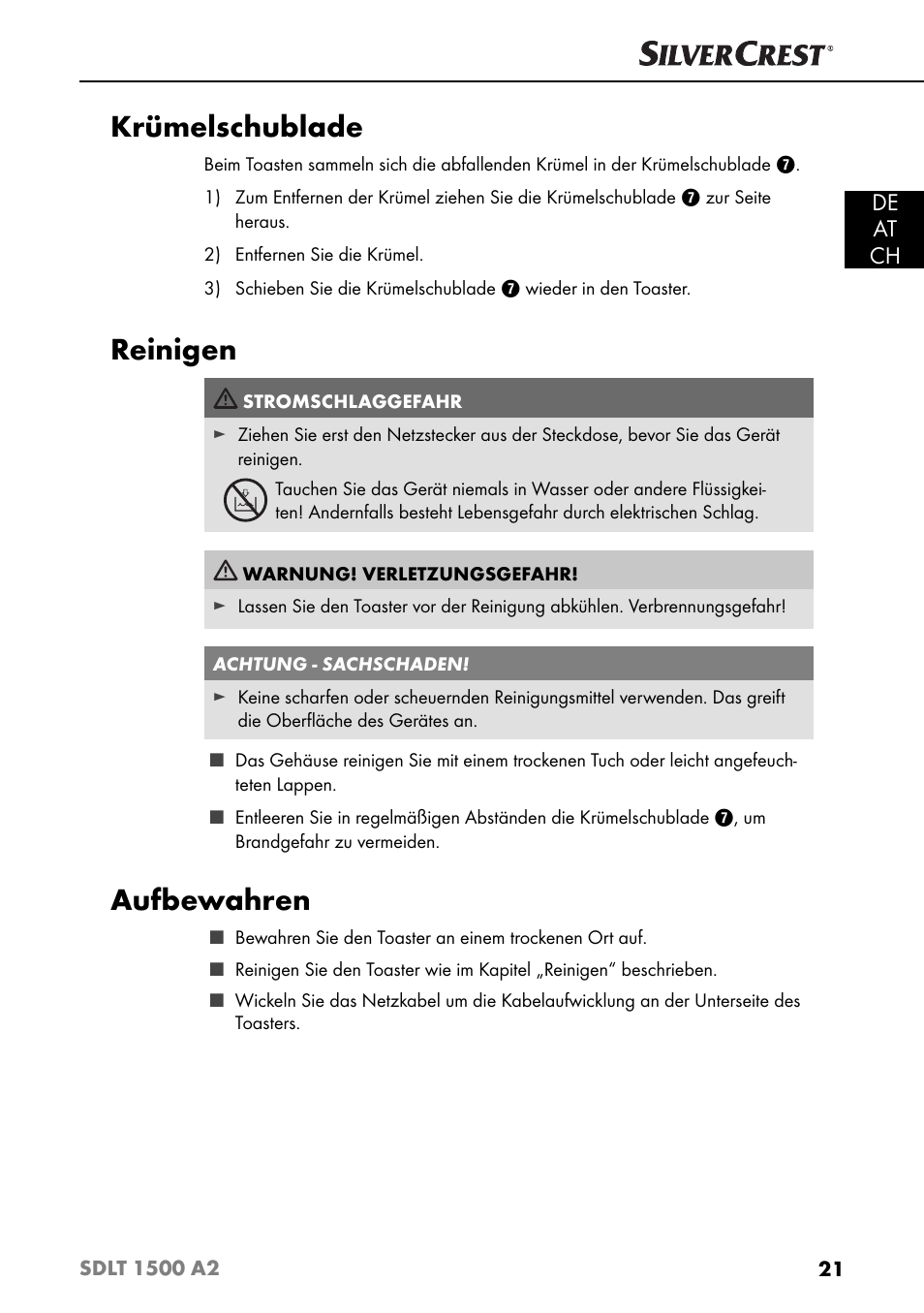 Krümelschublade, Reinigen, Aufbewahren | De at ch | Silvercrest SDLT 1500 A2 User Manual | Page 24 / 39