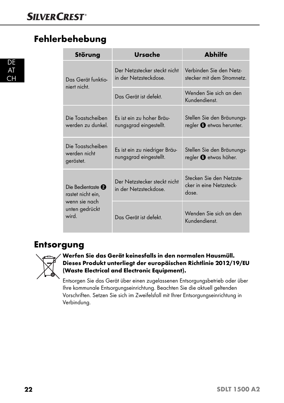 Fehlerbehebung, Entsorgung, De at ch | Silvercrest SDLT 1500 A2 User Manual | Page 25 / 39