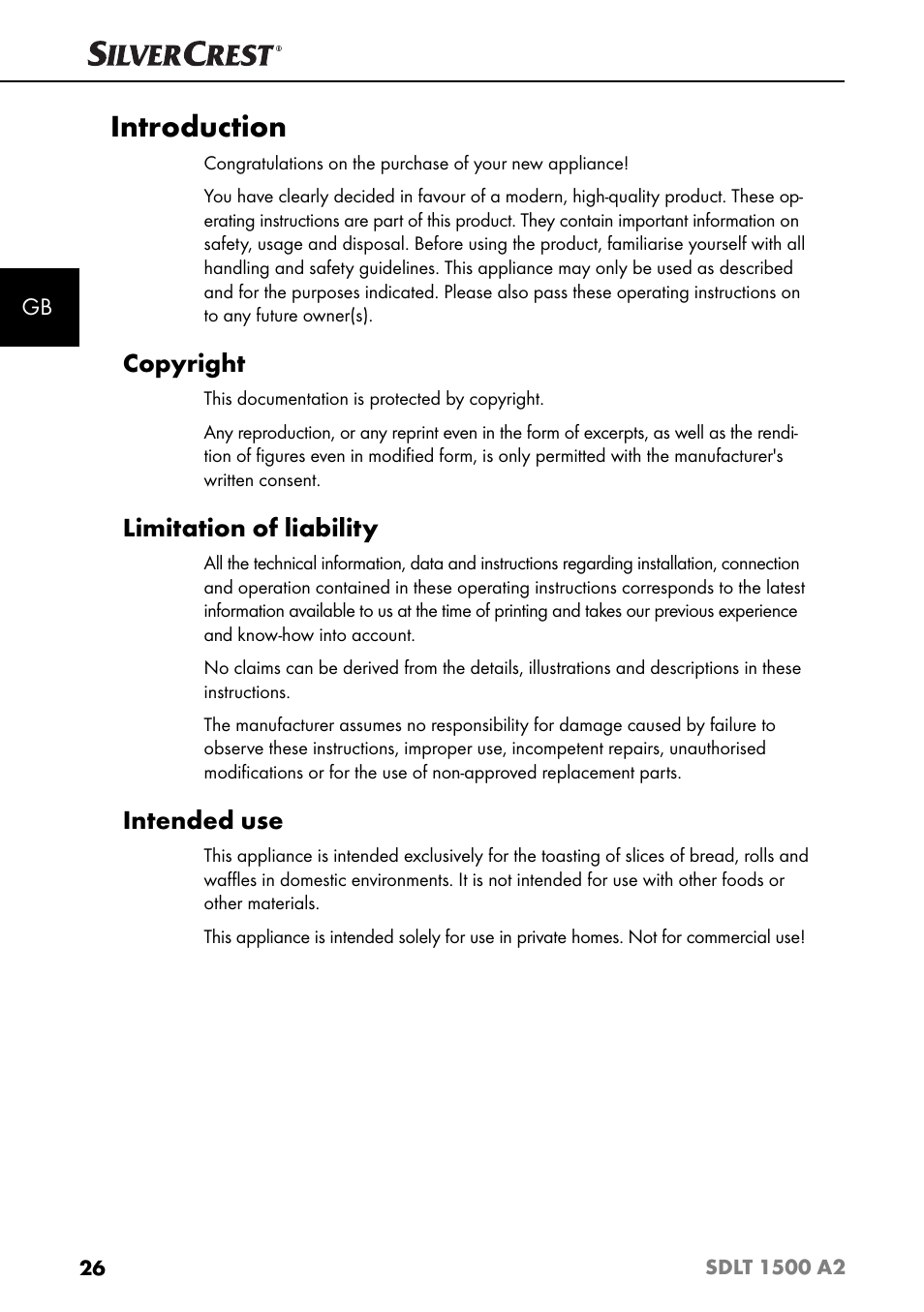 Introduction, Copyright, Limitation of liability | Intended use | Silvercrest SDLT 1500 A2 User Manual | Page 29 / 39