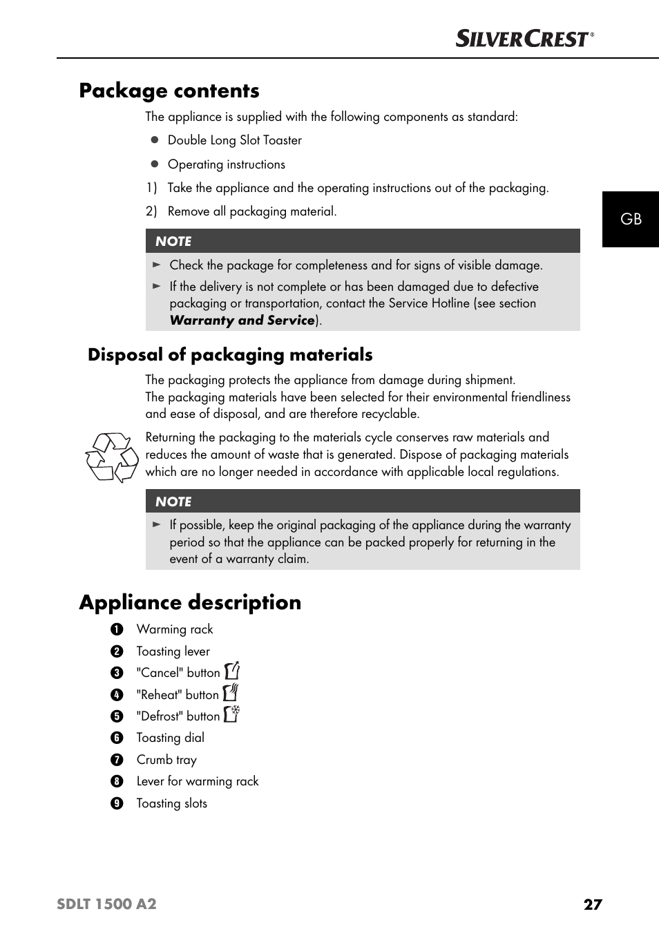 Package contents, Appliance description, Disposal of packaging materials | Silvercrest SDLT 1500 A2 User Manual | Page 30 / 39