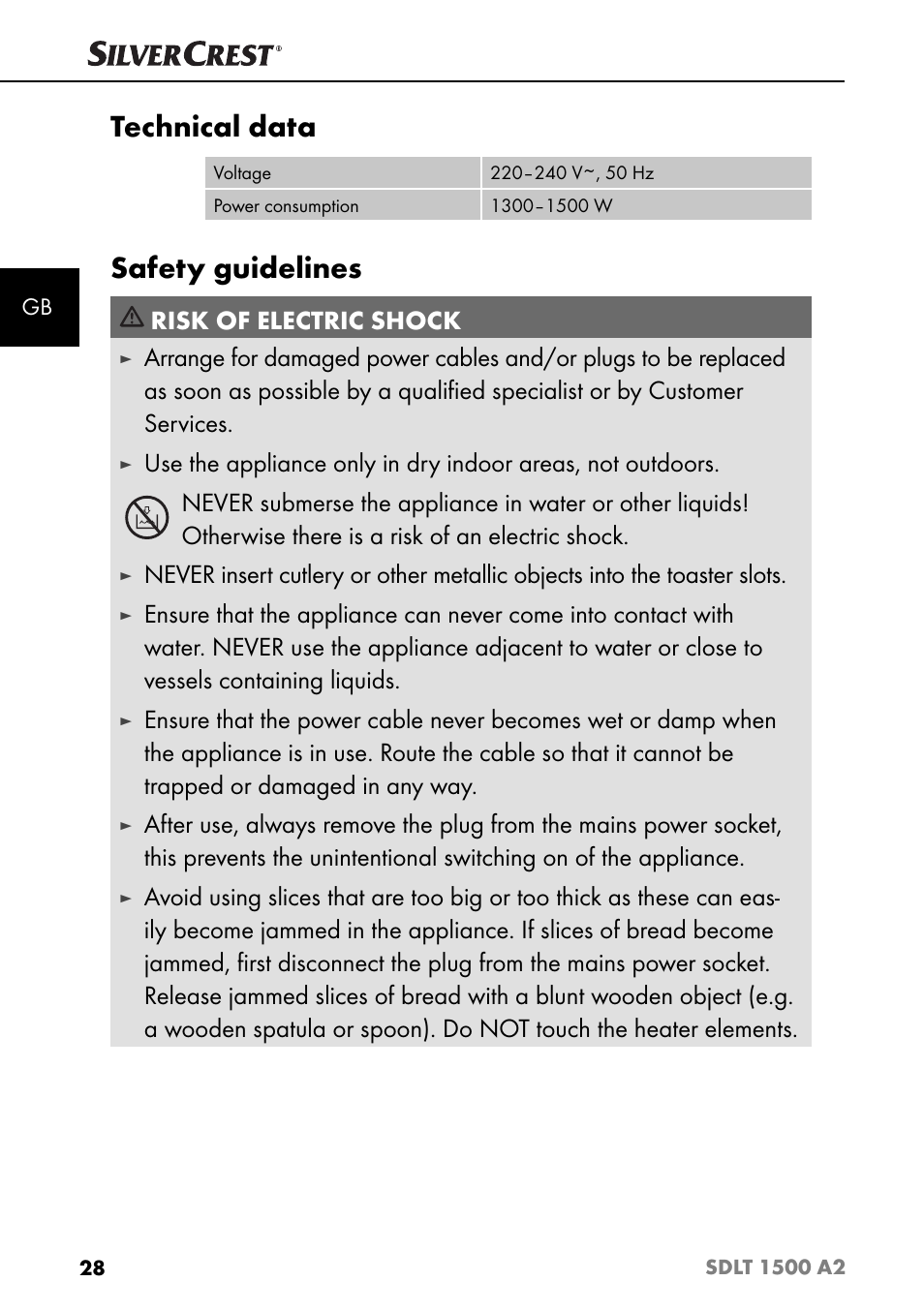 Technical data, Safety guidelines, Risk of electric shock | Silvercrest SDLT 1500 A2 User Manual | Page 31 / 39