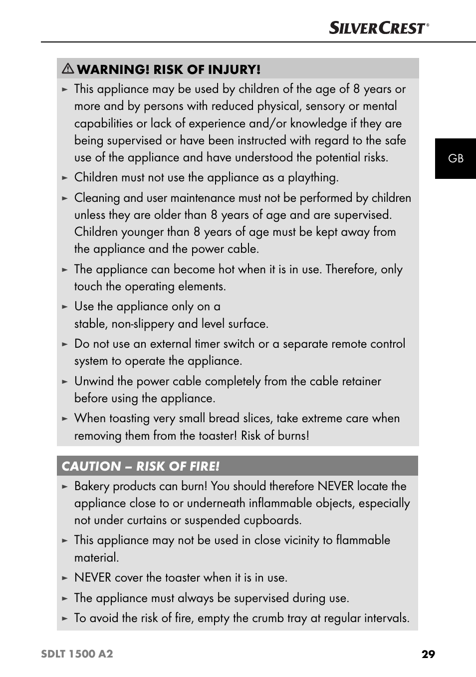 Warning! risk of injury, Children must not use the appliance as a plaything, Never cover the toaster when it is in use | The appliance must always be supervised during use | Silvercrest SDLT 1500 A2 User Manual | Page 32 / 39