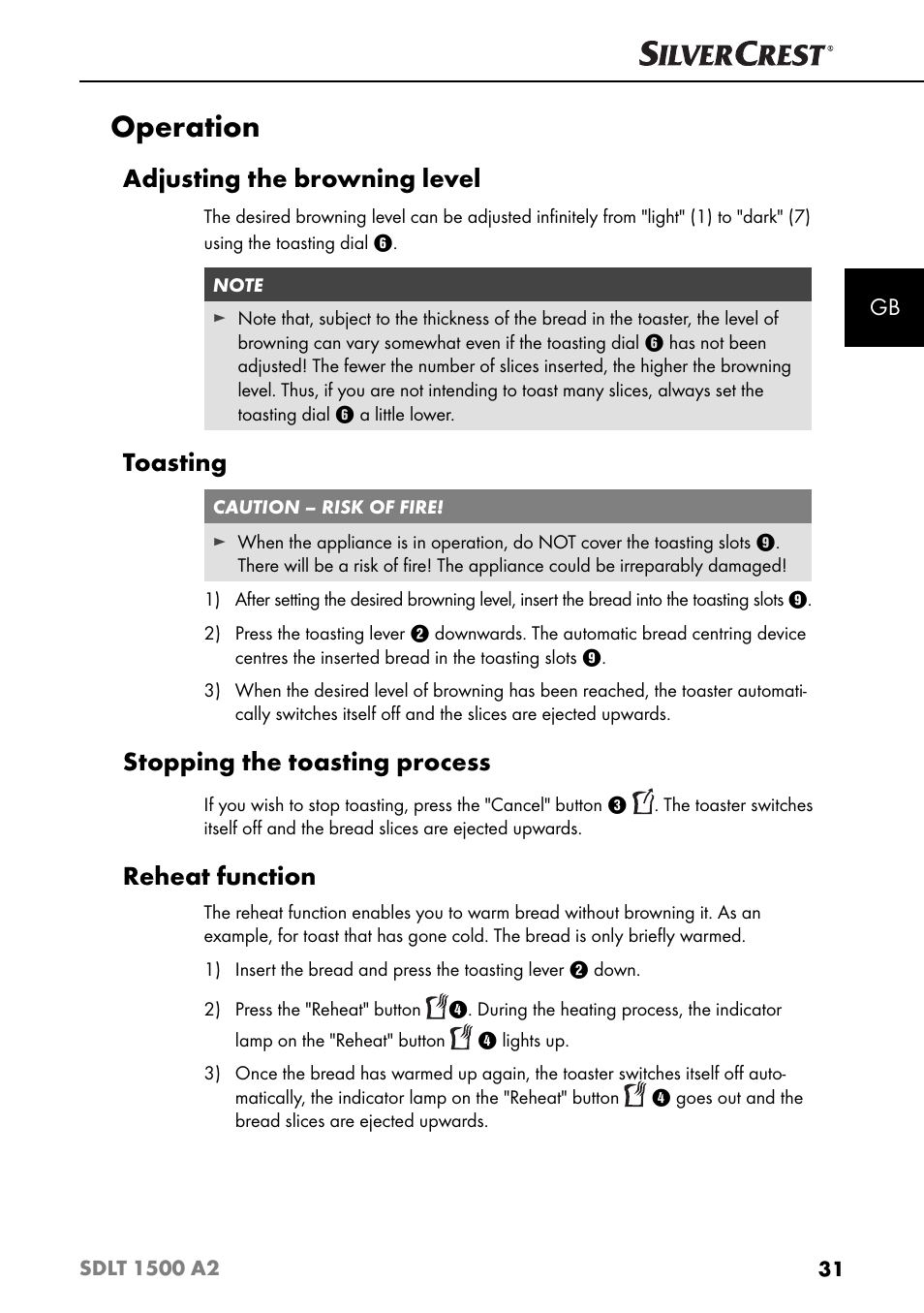 Operation, Adjusting the browning level, Toasting | Stopping the toasting process, Reheat function | Silvercrest SDLT 1500 A2 User Manual | Page 34 / 39