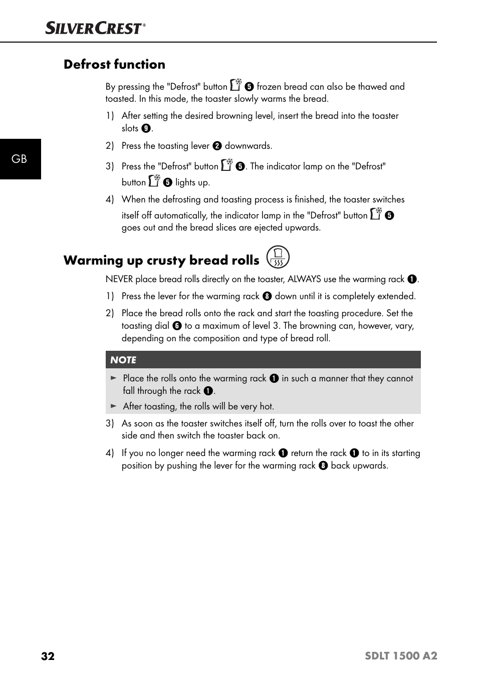 Defrost function, Warming up crusty bread rolls | Silvercrest SDLT 1500 A2 User Manual | Page 35 / 39