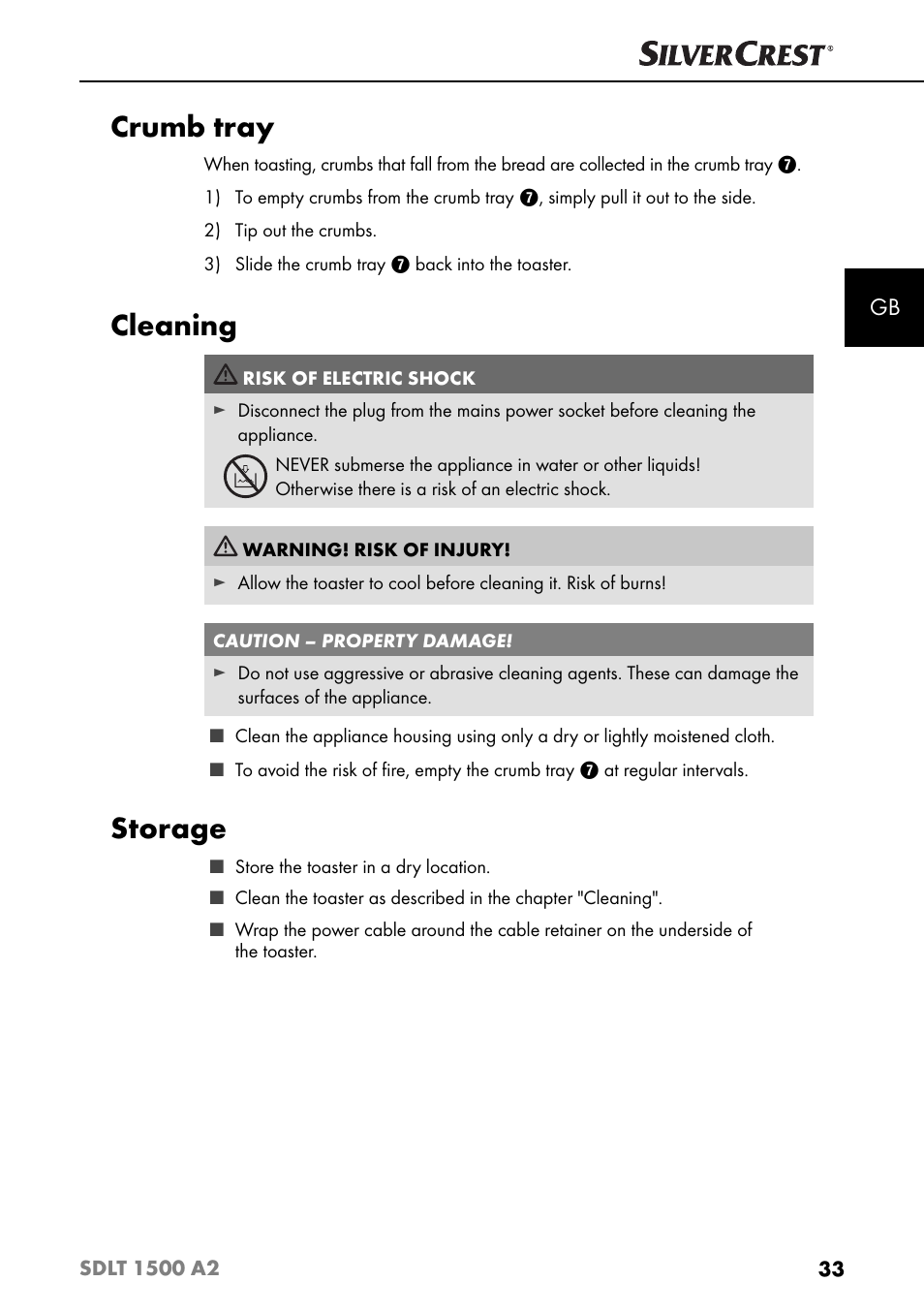 Crumb tray, Cleaning, Storage | Silvercrest SDLT 1500 A2 User Manual | Page 36 / 39