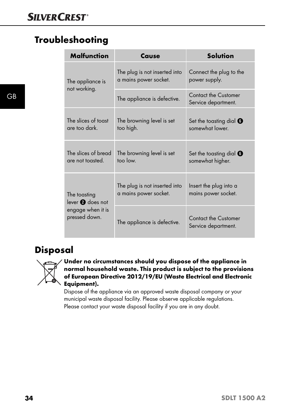 Troubleshooting, Disposal | Silvercrest SDLT 1500 A2 User Manual | Page 37 / 39