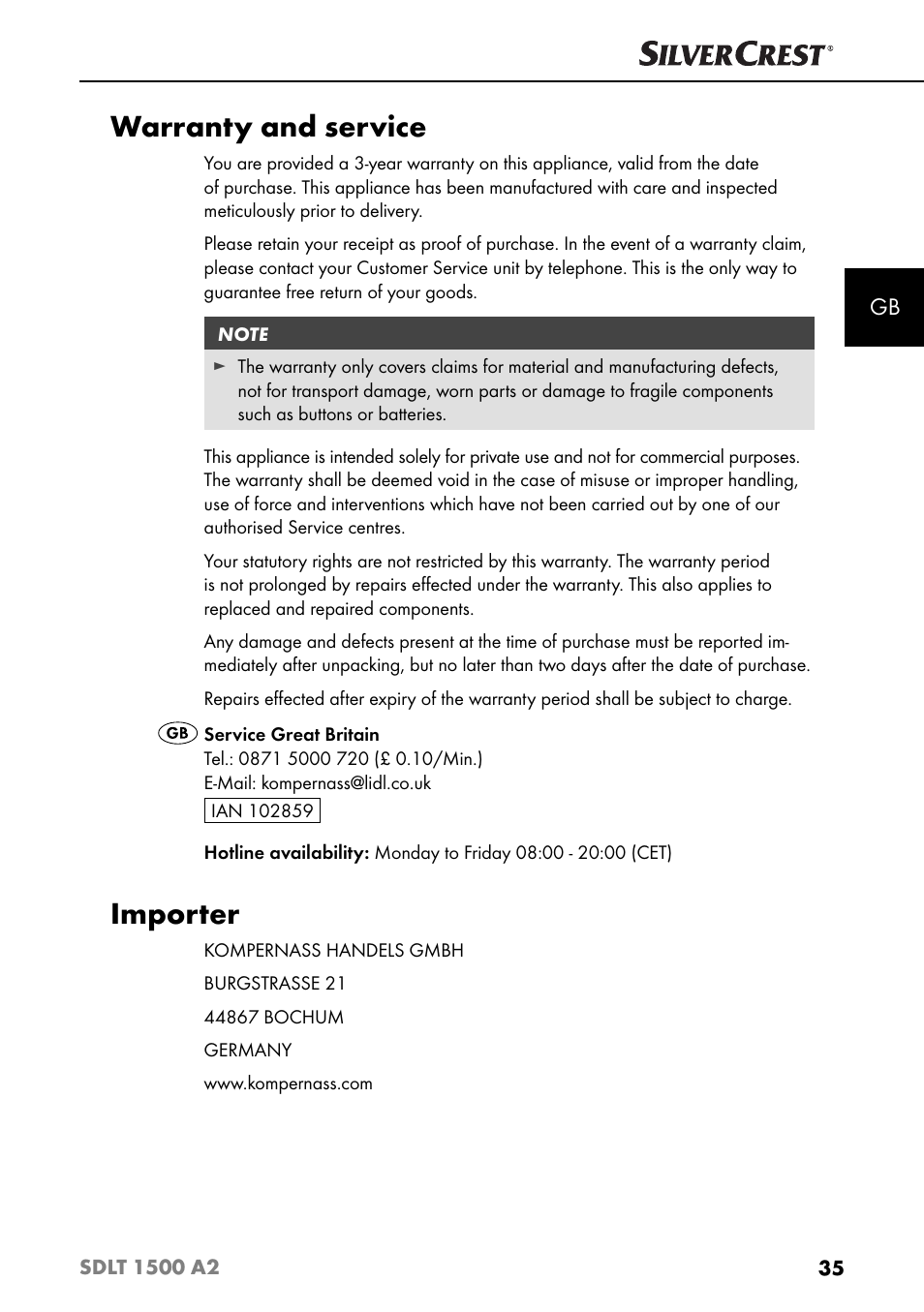 Warranty and service, Importer | Silvercrest SDLT 1500 A2 User Manual | Page 38 / 39
