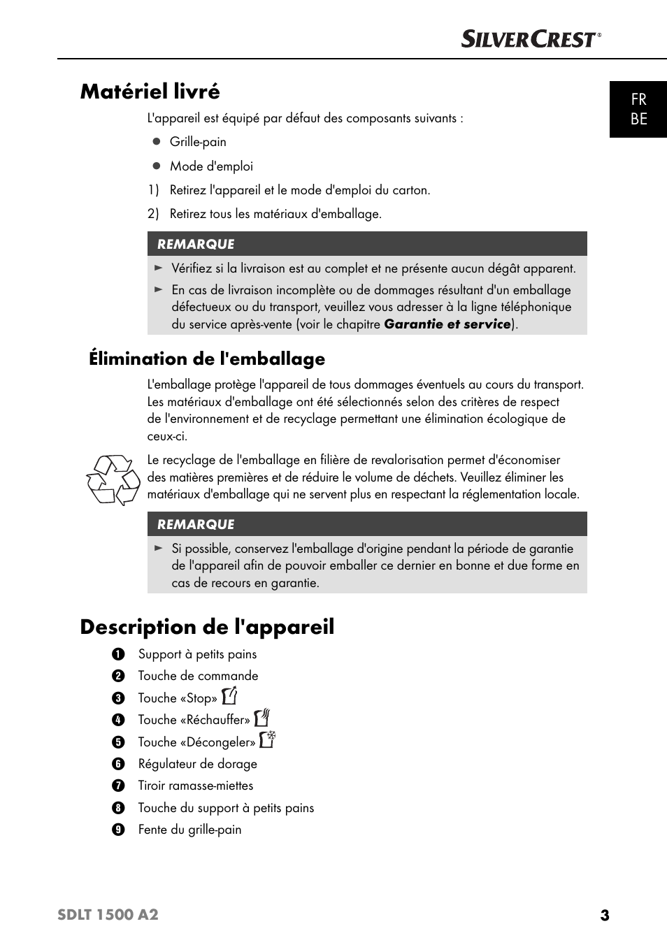 Matériel livré, Description de l'appareil, Élimination de l'emballage | Fr be | Silvercrest SDLT 1500 A2 User Manual | Page 6 / 39