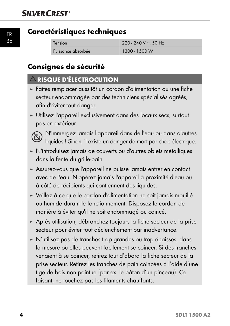 Caractéristiques techniques, Consignes de sécurité, Risque d'électrocution | Silvercrest SDLT 1500 A2 User Manual | Page 7 / 39
