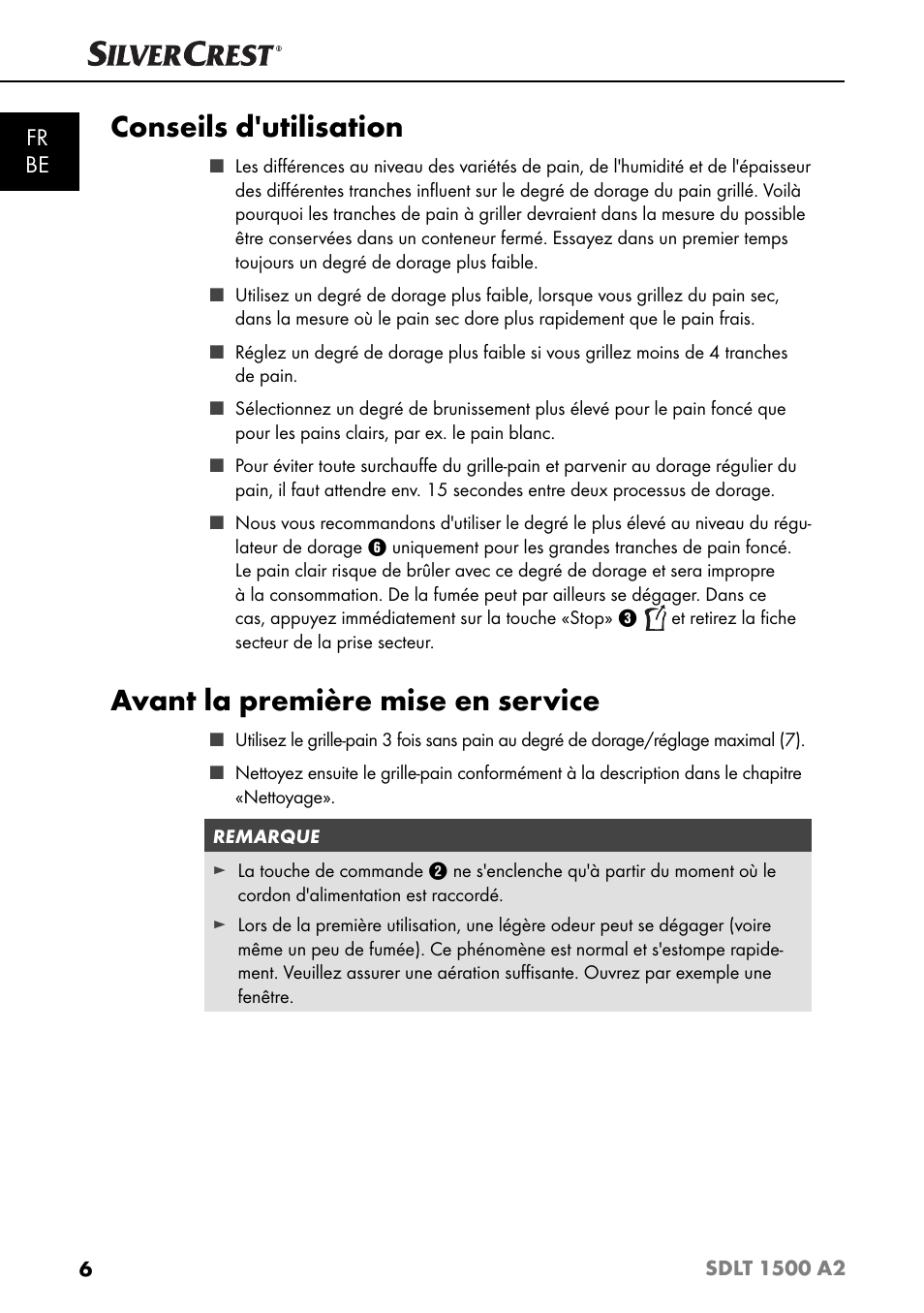 Conseils d'utilisation, Avant la première mise en service, Fr be | Silvercrest SDLT 1500 A2 User Manual | Page 9 / 39