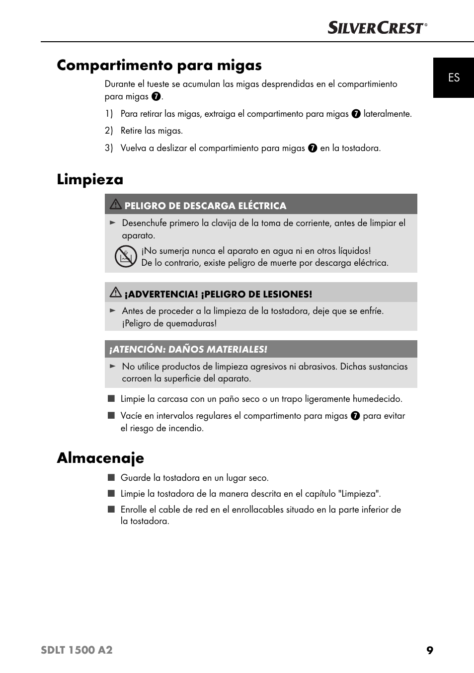 Compartimento para migas, Limpieza, Almacenaje | Silvercrest SDLT 1500 A2 User Manual | Page 12 / 63