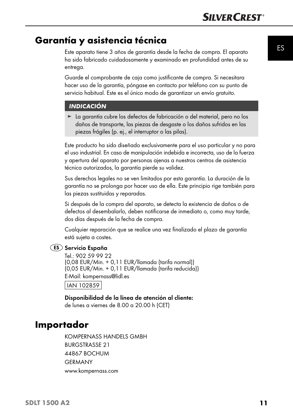 Garantía y asistencia técnica, Importador | Silvercrest SDLT 1500 A2 User Manual | Page 14 / 63