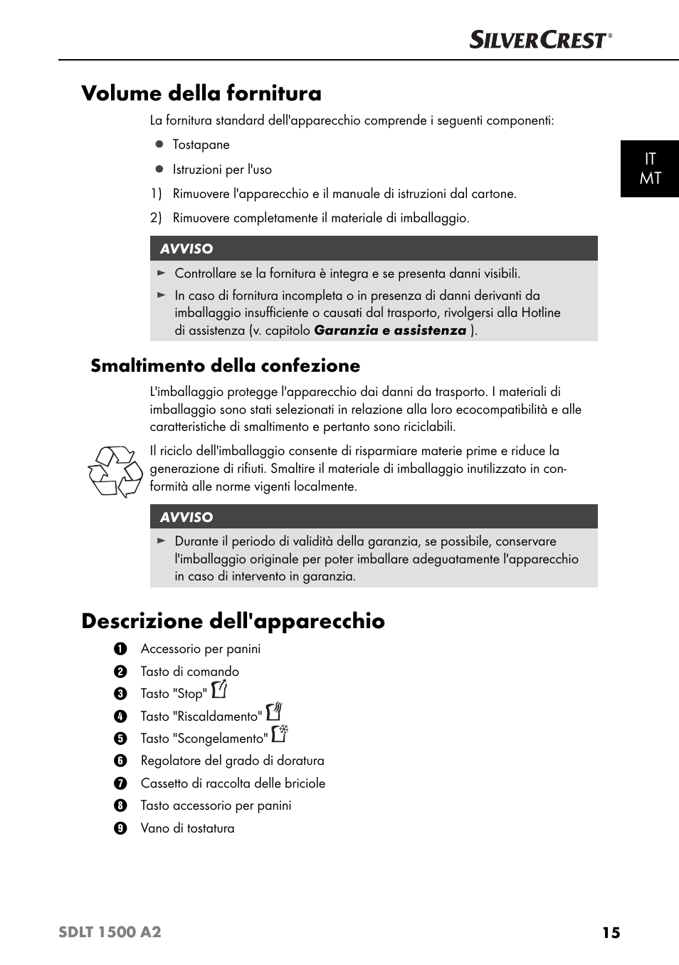 Volume della fornitura, Descrizione dell'apparecchio, Smaltimento della confezione | It mt | Silvercrest SDLT 1500 A2 User Manual | Page 18 / 63